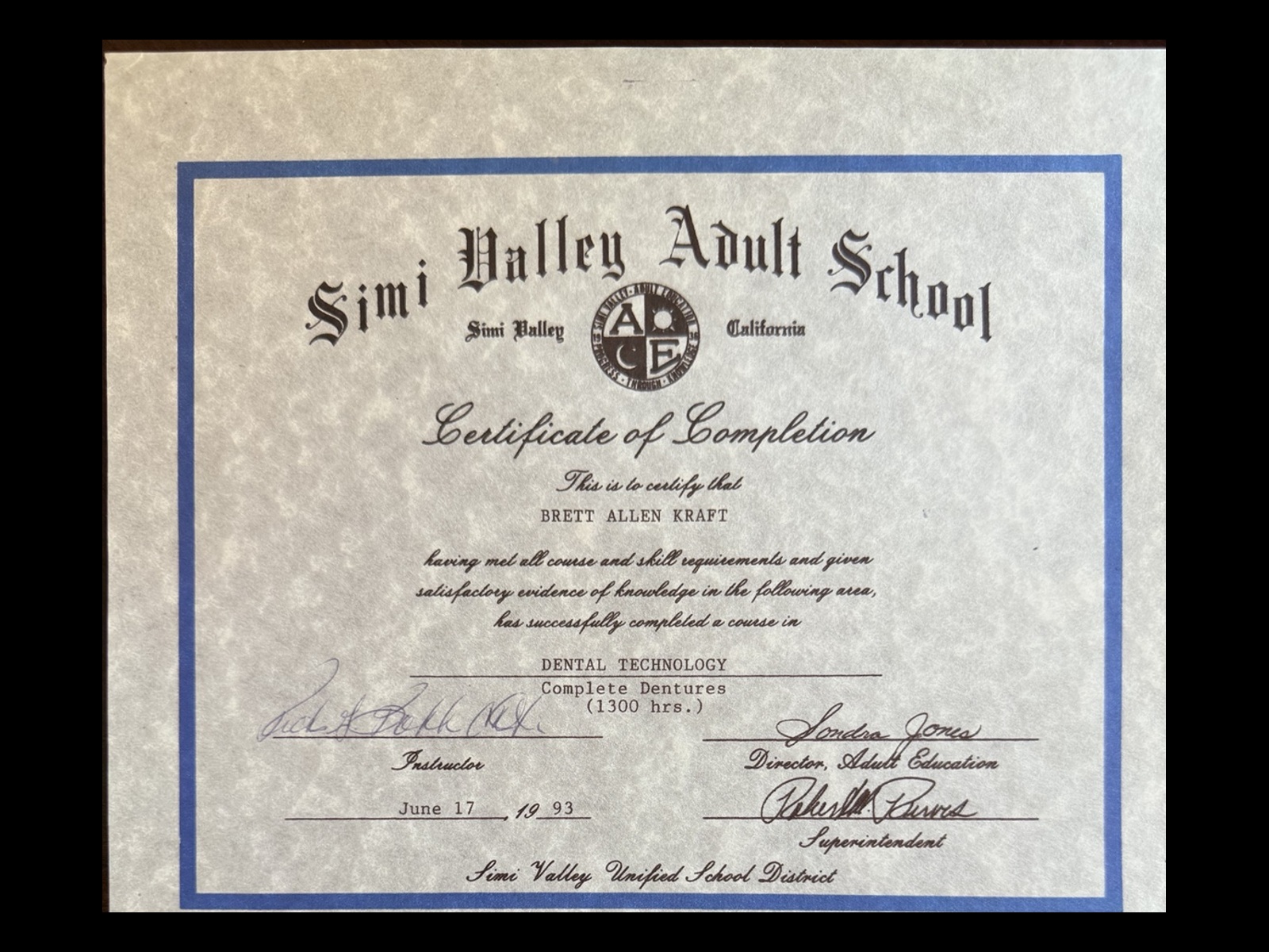 1993 Complete Dentures certificate