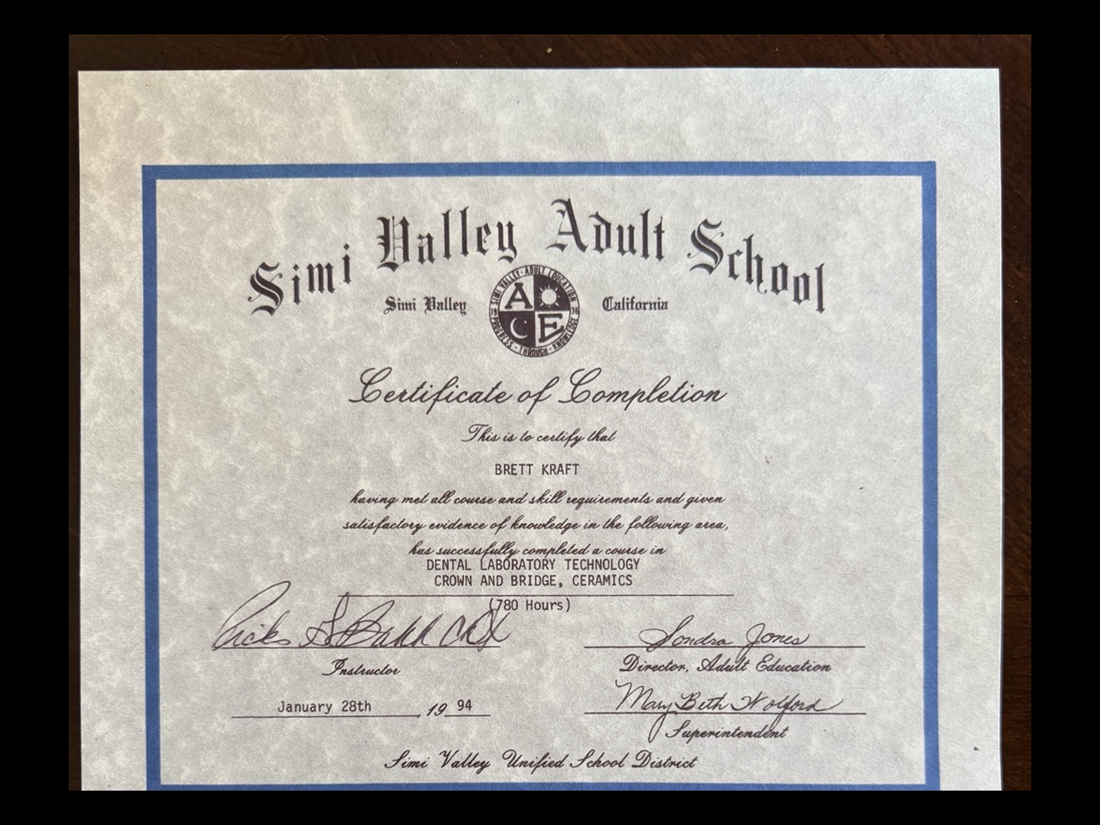 1994 Crown and Bridge Ceramics certificate