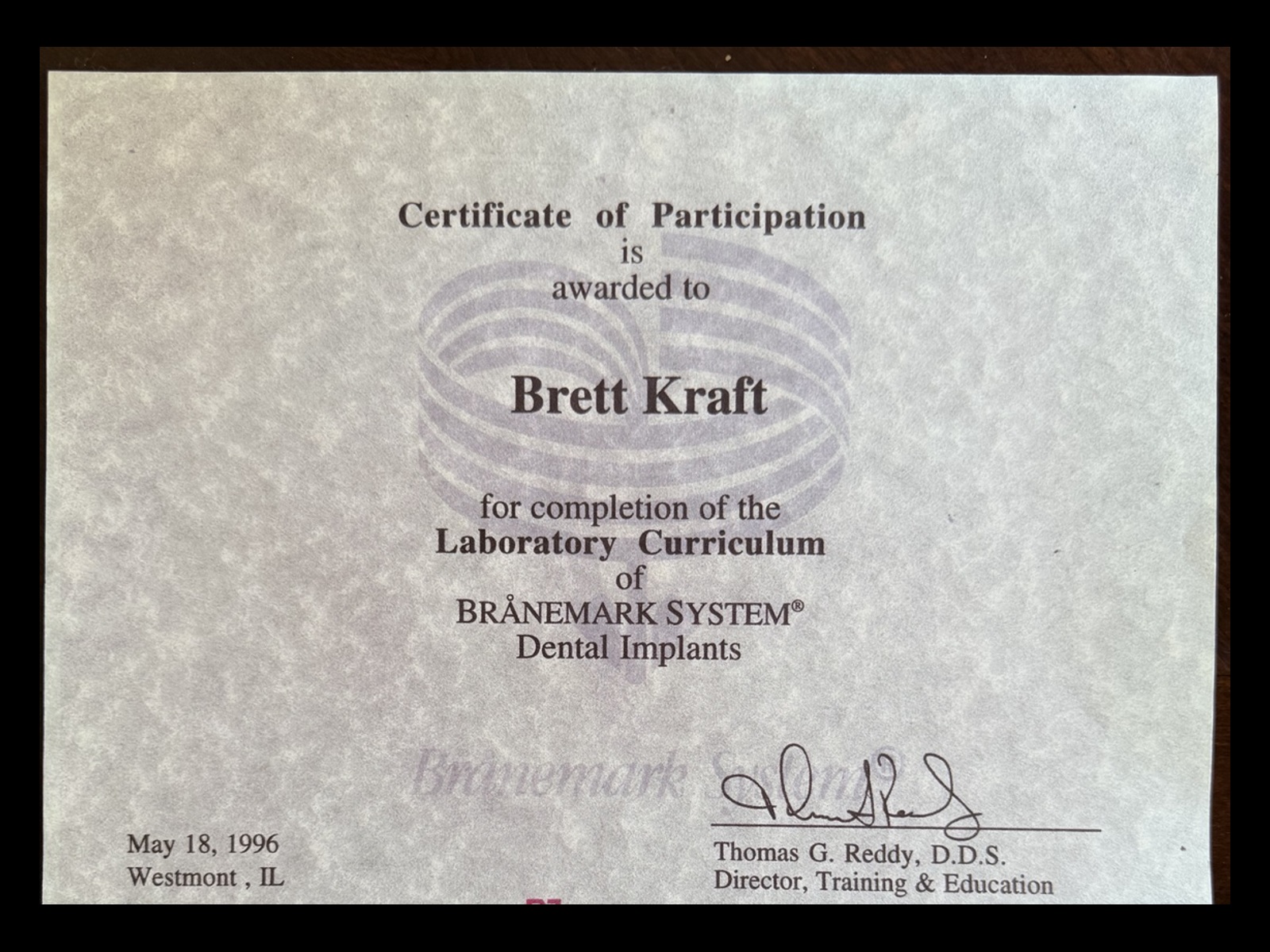 1996 Branemark implant curriculum certificate