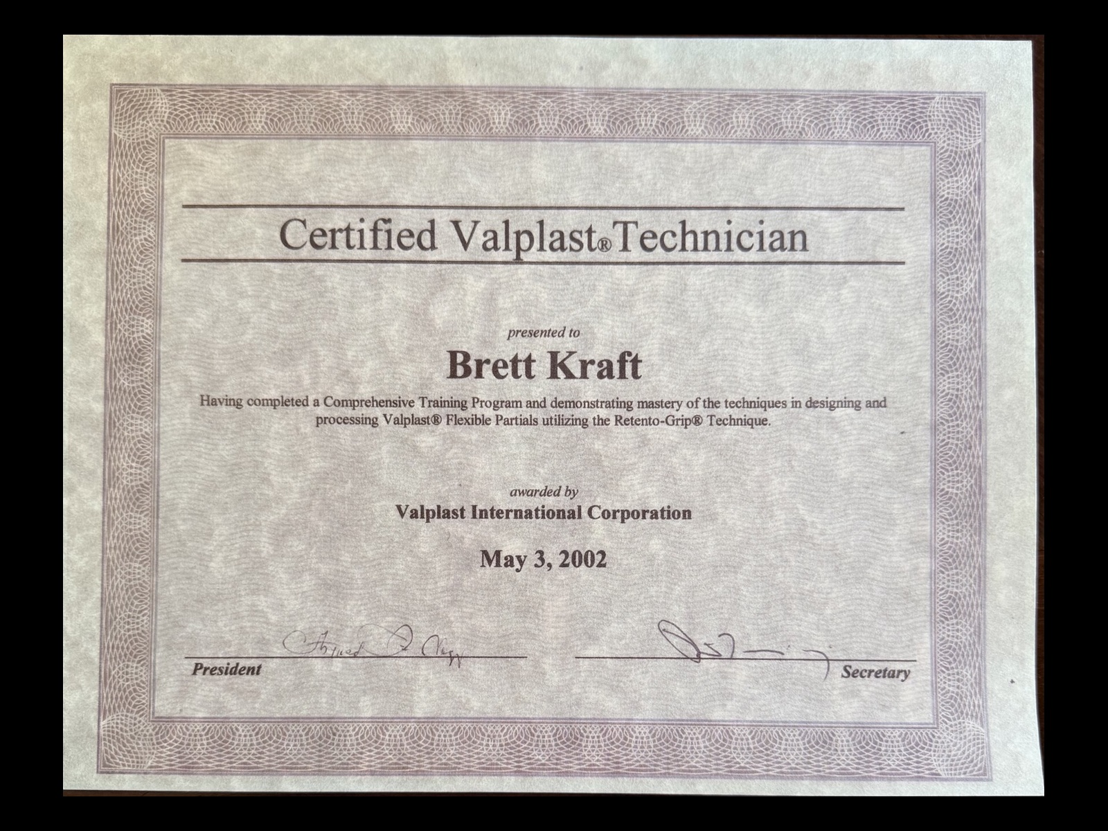 2002 Certified Valplast Technician certificate