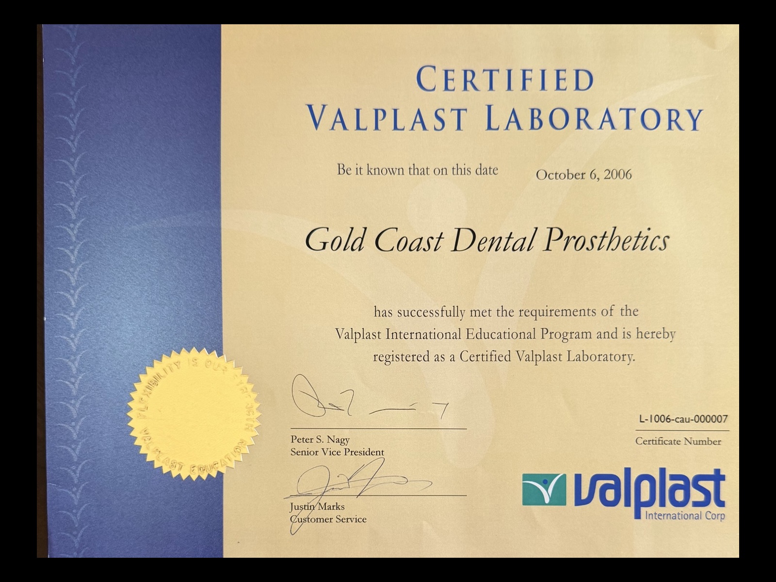 2006 Certified Valplast Laboratory certificate