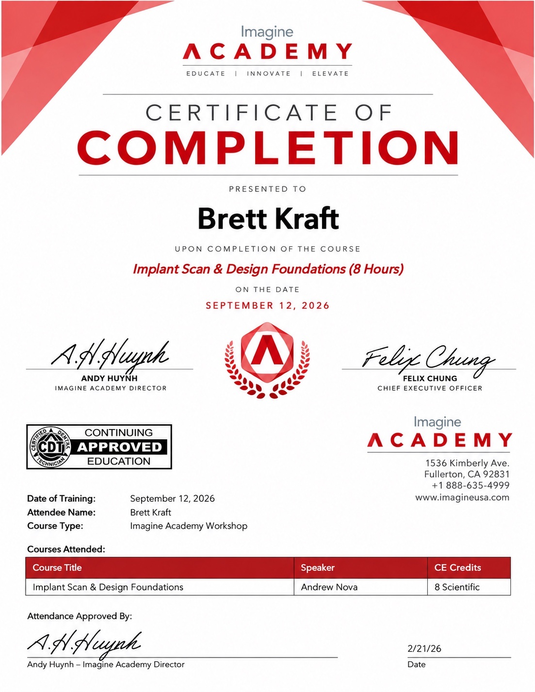 2026 Imagine Academy Implant Scan and Design Foundations certificate